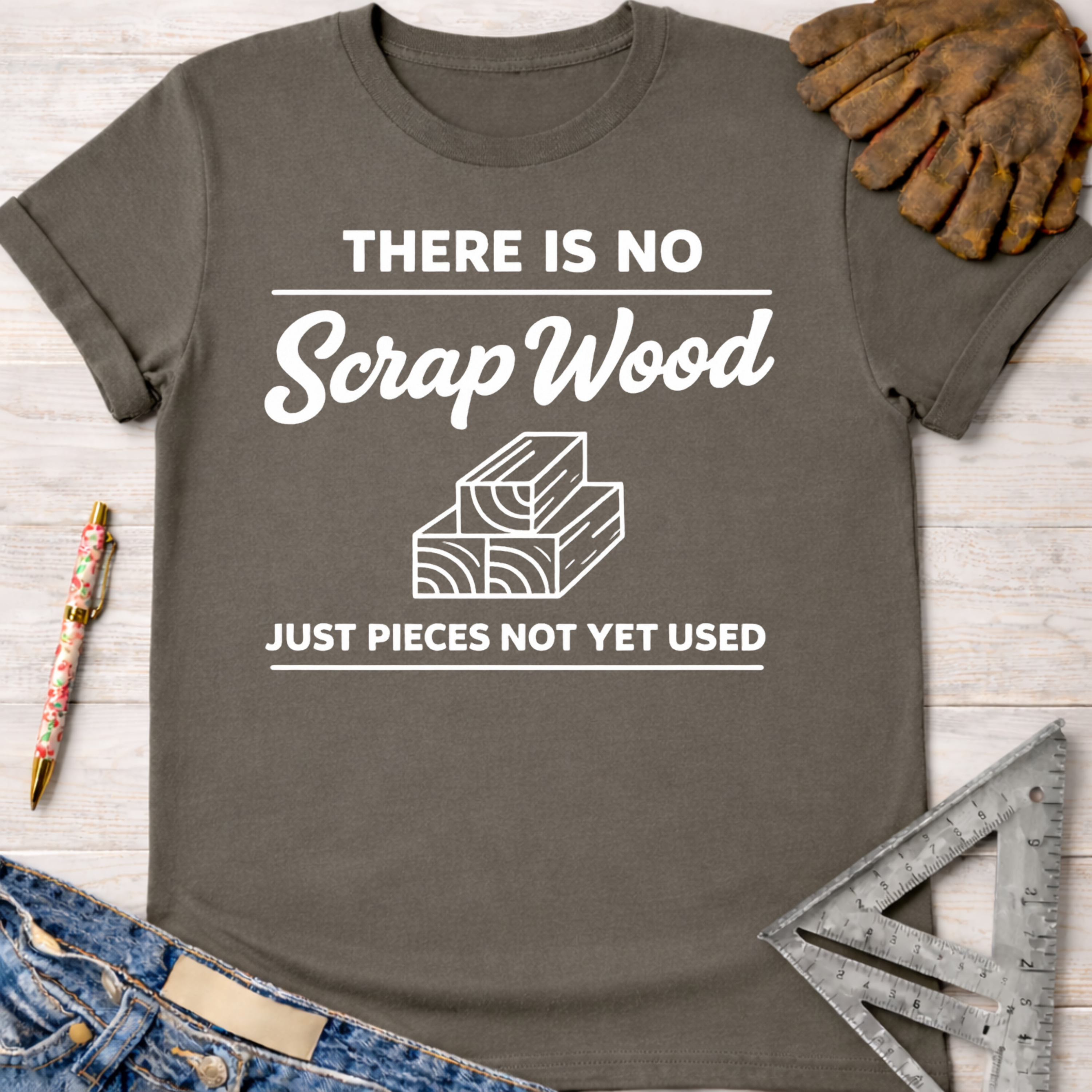 Women's funny woodworking graphic tee shirt for female woodworkers, makers, and DIY builders — Sawdust & Ponytails. Dark gray cotton tee with "There Is No Scrap Wood Just Pieces Not Yet Used" text and wood stack graphic.