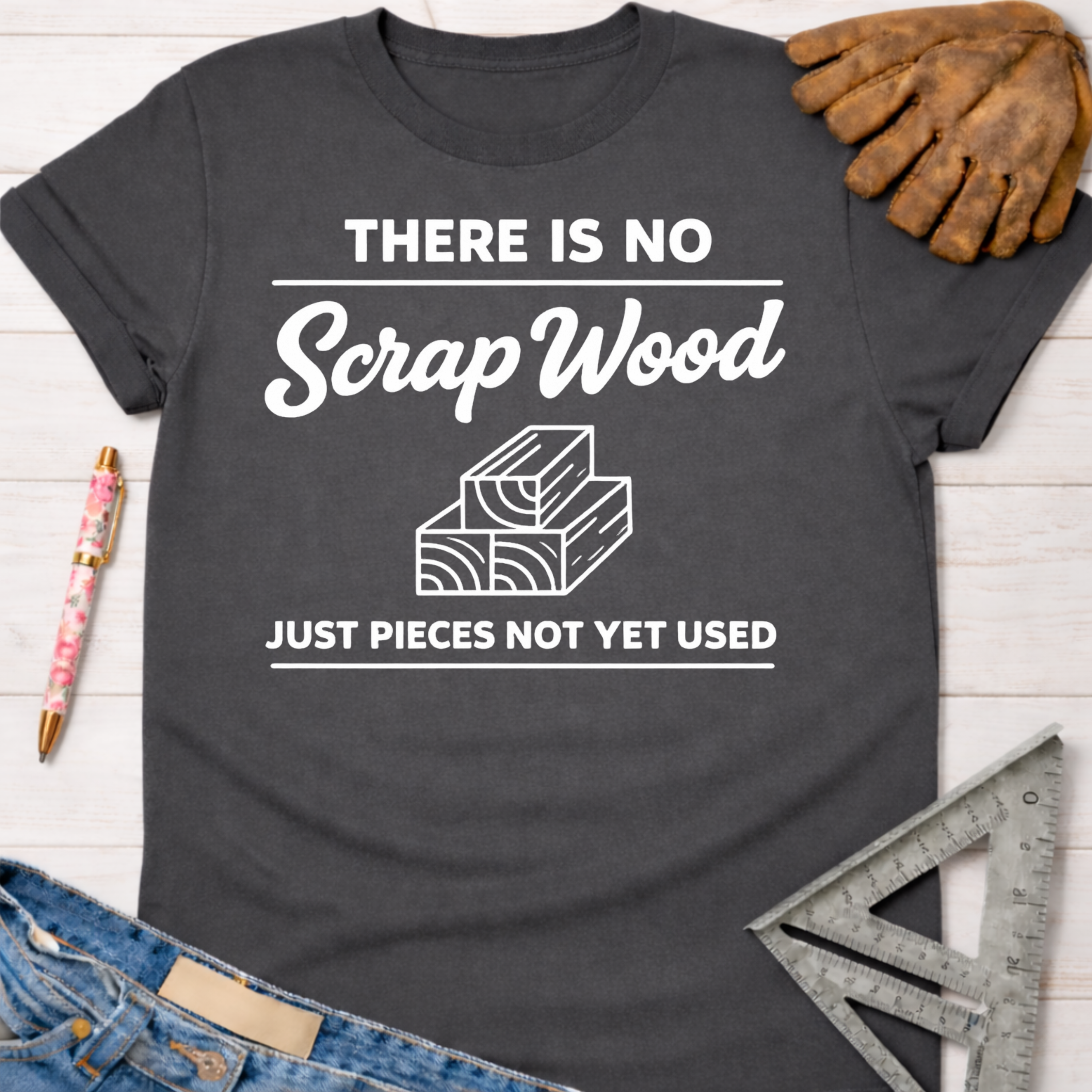 Women's funny woodworking graphic tee shirt for female woodworkers, makers, and DIY builders — Sawdust & Ponytails. Dark gray cotton tee with "There Is No Scrap Wood Just Pieces Not Yet Used" text and wood stack graphic.