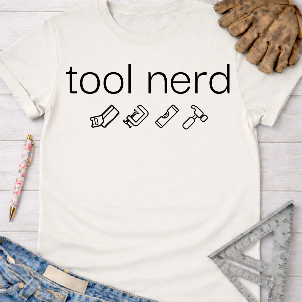 Women's funny woodworking graphic tee shirt for female woodworkers, makers, and DIY builders — Sawdust & Ponytails. White cotton tee with "tool nerd" text and saw, clamp, level, hammer icons.