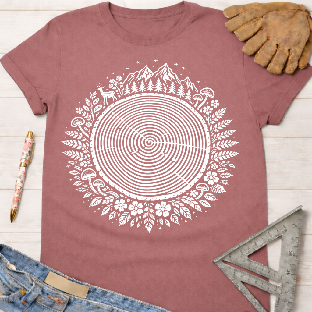 Women's funny woodworking graphic tee shirt for female woodworkers, makers, and DIY builders — Sawdust & Ponytails. Mauve cotton tee with white tree ring, deer, mountains, and floral design.
