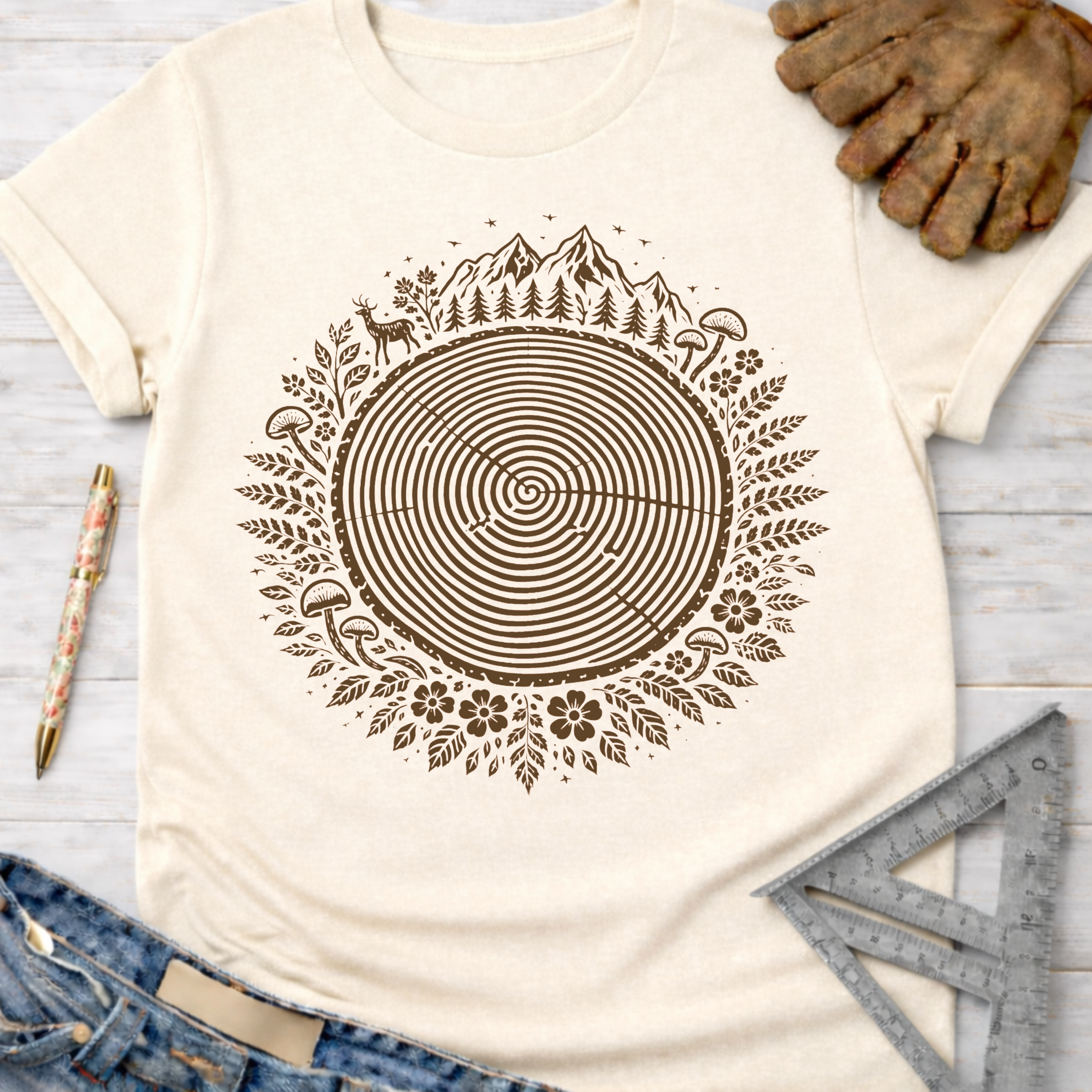Women's funny woodworking graphic tee shirt for female woodworkers, makers, and DIY builders — Sawdust & Ponytails. Cream t-shirt with brown tree ring of life, deer, mountains, and mushroom design.