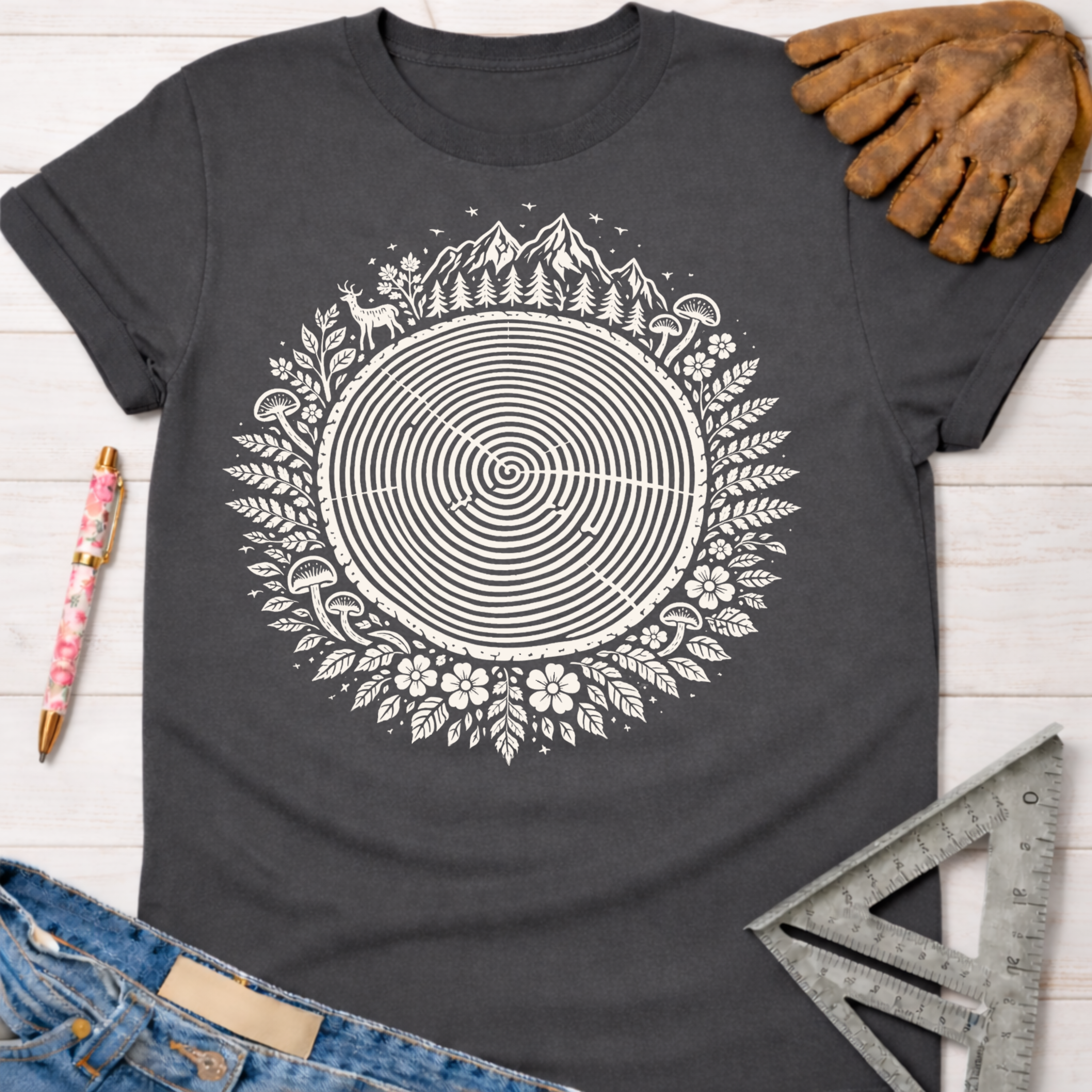 Women's funny woodworking graphic tee shirt for female woodworkers, makers, and DIY builders — Sawdust & Ponytails. Dark gray t-shirt with a white tree ring and nature graphic.