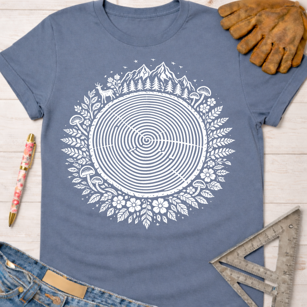 Women's funny woodworking graphic tee shirt for female woodworkers, makers, and DIY builders — Sawdust & Ponytails. Blue cotton tee with white tree ring and forest graphic.