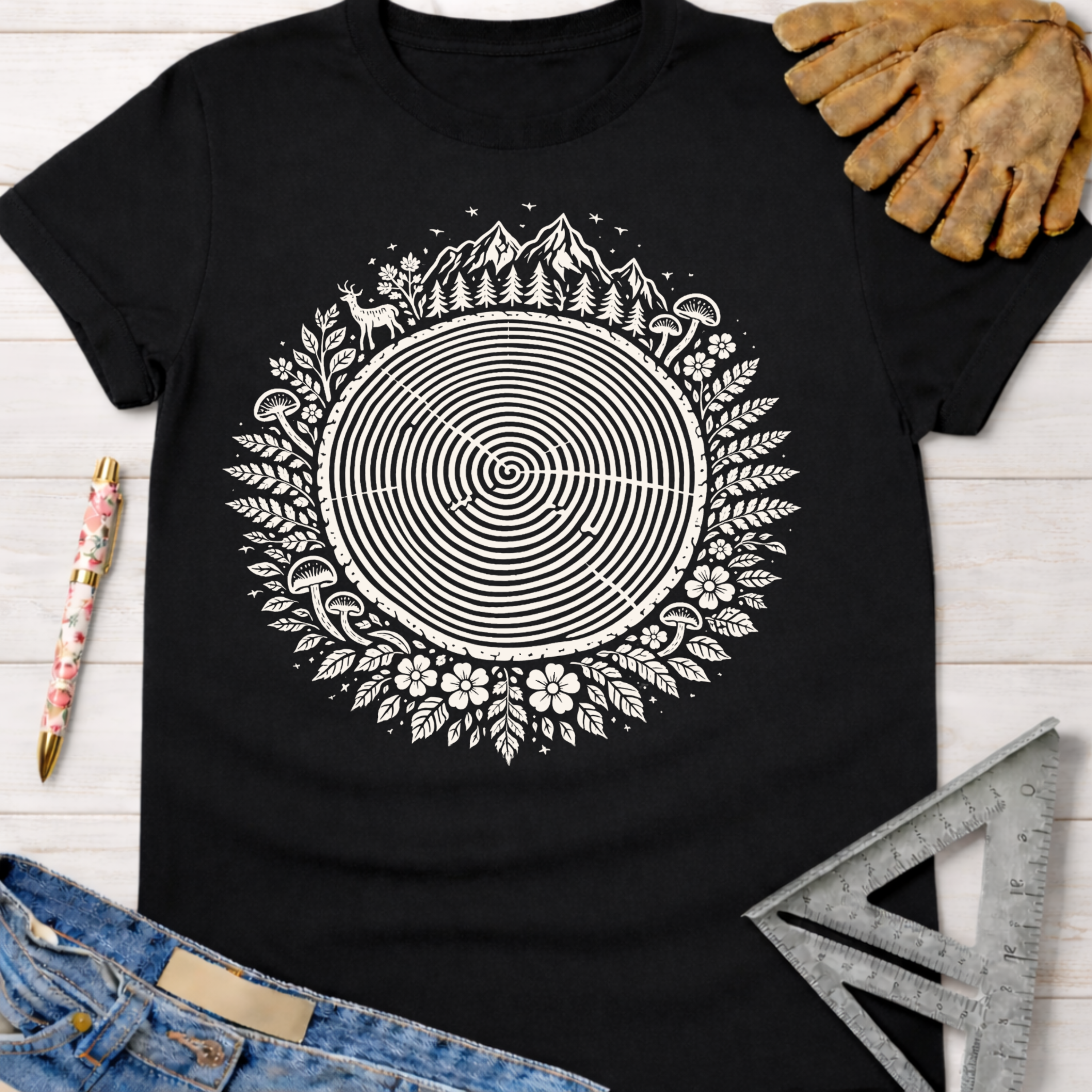 Women's funny woodworking graphic tee shirt for female woodworkers, makers, and DIY builders — Sawdust & Ponytails. Black cotton tee with white tree ring, deer, mountains, and floral design.