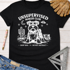 Women's funny woodworking graphic tee shirt for female woodworkers, makers, and DIY builders — Sawdust & Ponytails. Black cotton tee with "Unsupervised Maker Club" graphic featuring a dog in overalls.