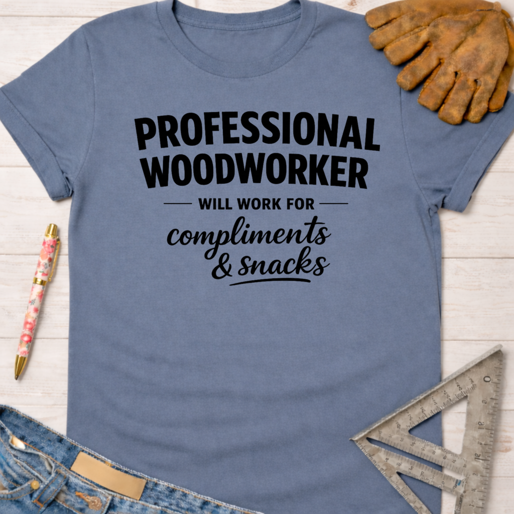 Women's funny woodworking graphic tee shirt for female woodworkers, makers, and DIY builders — Sawdust & Ponytails. Blue cotton tee with "Professional Woodworker Will Work For Compliments & Snacks" text.