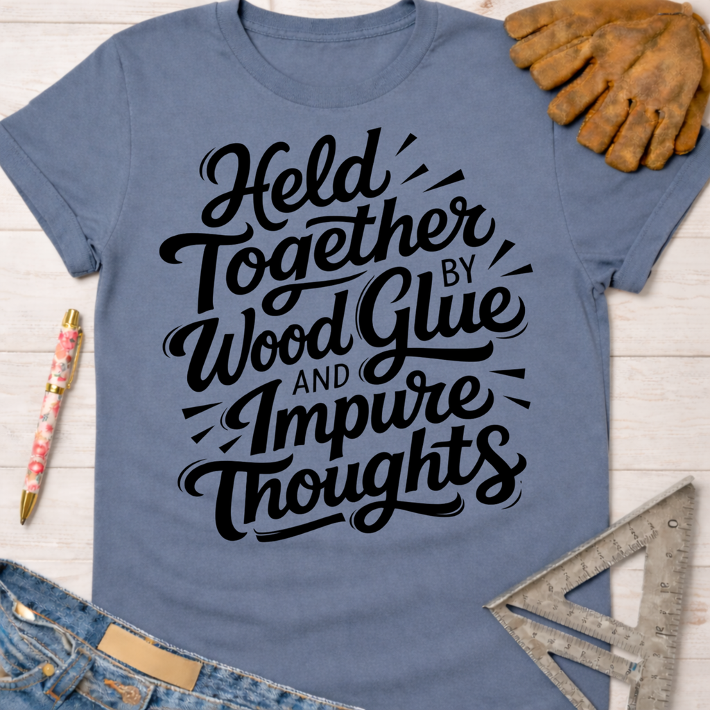 Women's funny woodworking graphic tee shirt for female woodworkers, makers, and DIY builders — Sawdust & Ponytails. Blue crewneck t-shirt with "Held Together by Wood Glue and Impure Thoughts" in black script.
