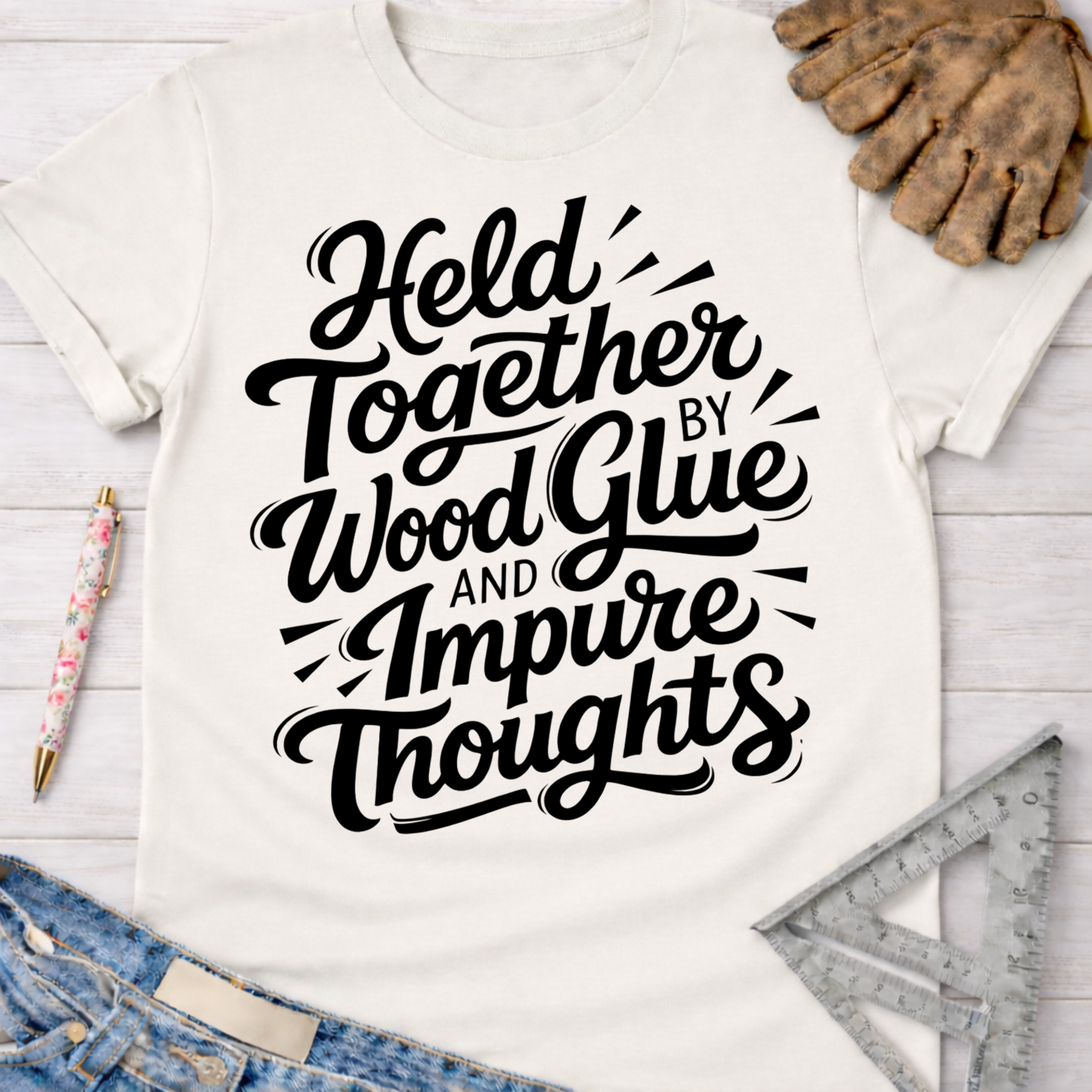 Women's funny woodworking graphic tee shirt for female woodworkers, makers, and DIY builders — Sawdust & Ponytails. Cream t-shirt with "Held Together by Wood Glue and Impure Thoughts" in black script.