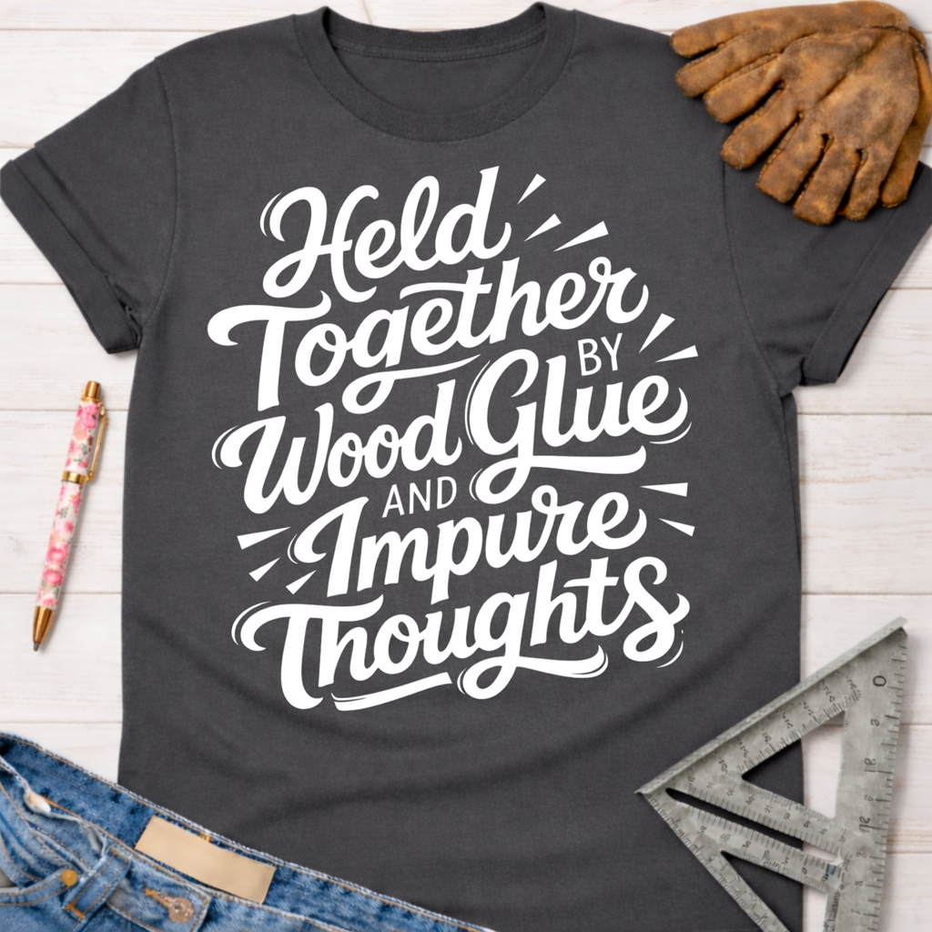 Charcoal gray women's "Held Together by Wood Glue and Impure Thoughts" graphic tee with work glove, pen, and ruler.