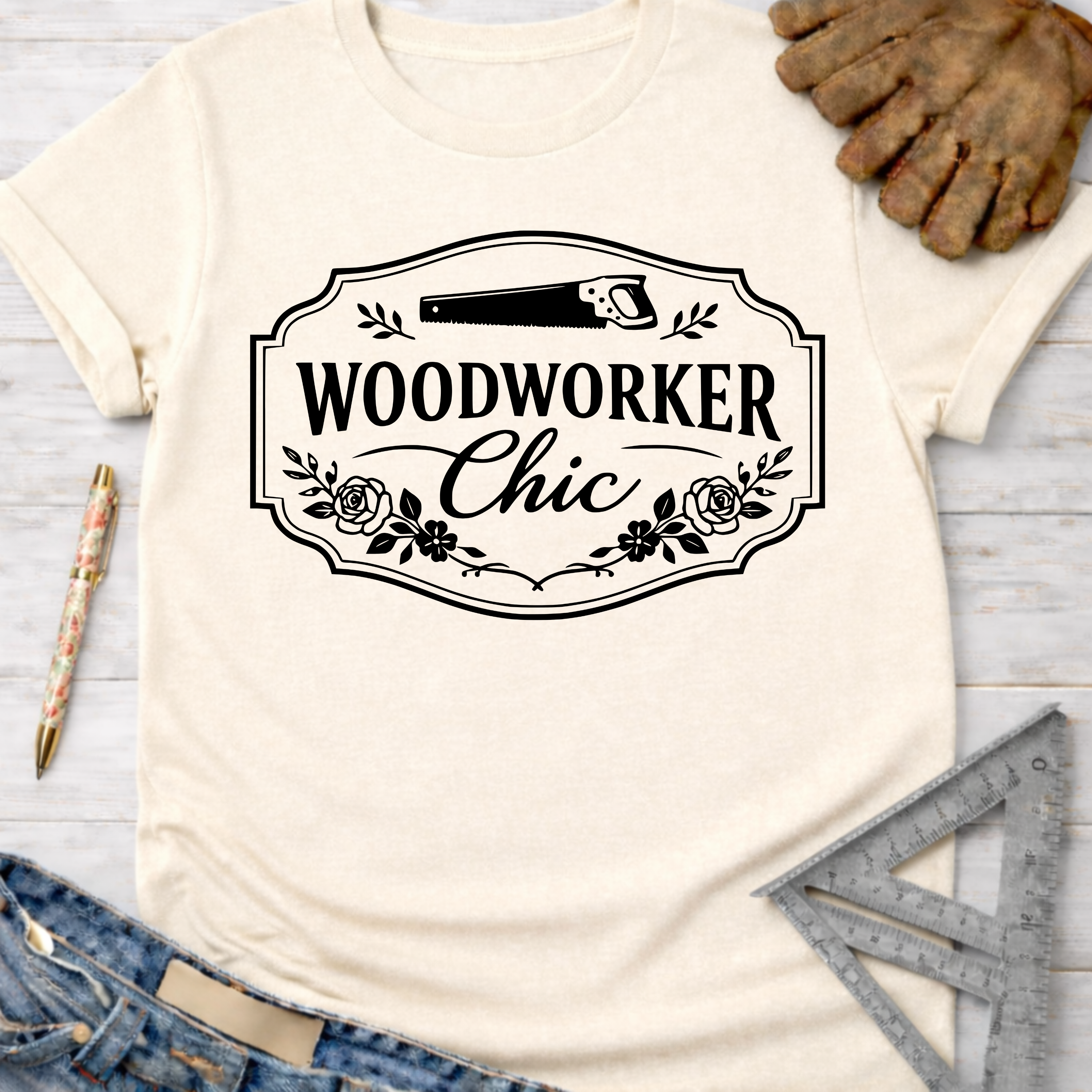 Women's funny woodworking graphic tee shirt for female woodworkers, makers, and DIY builders — Sawdust & Ponytails. Cream t-shirt with "Woodworker Chic" graphic, saw, and floral accents.