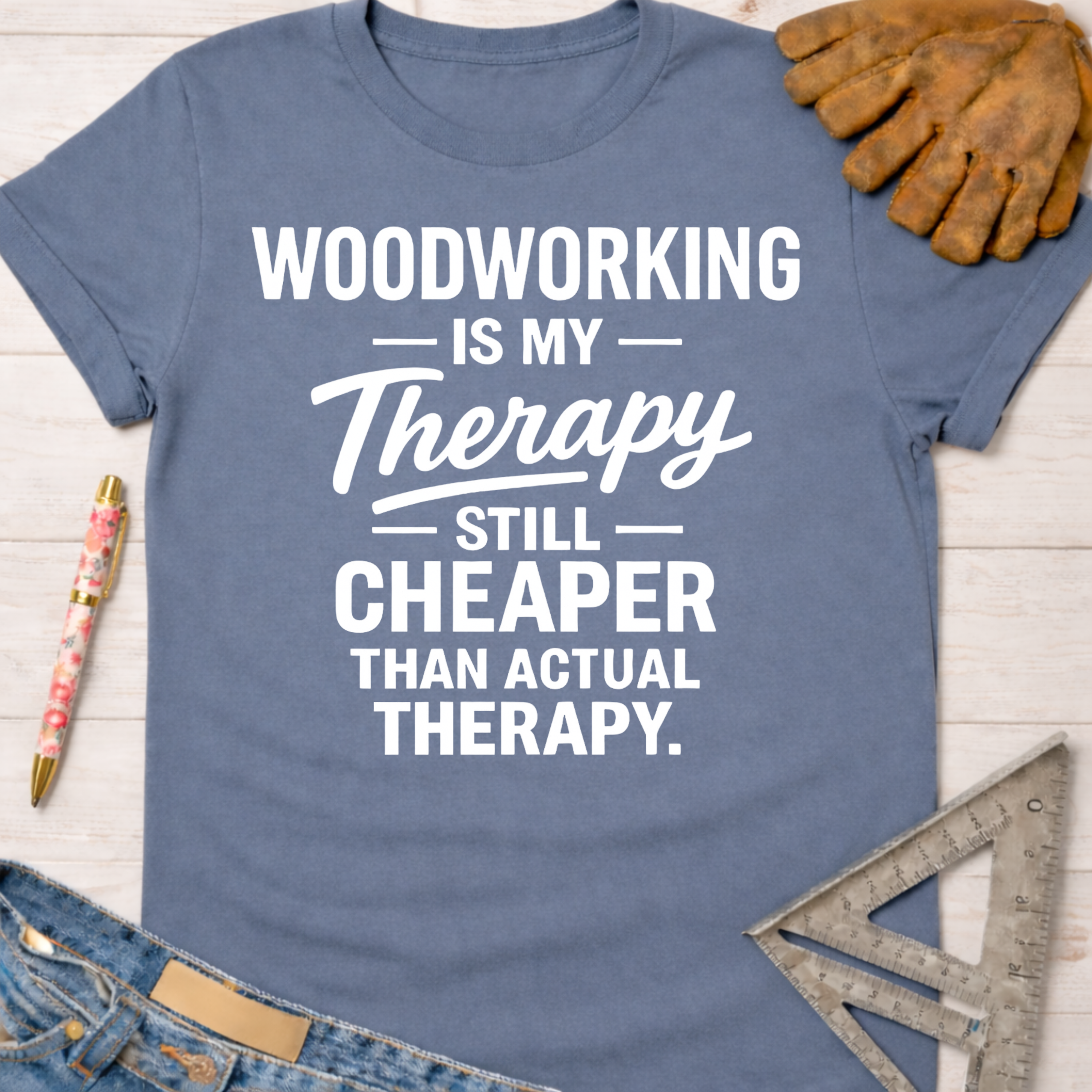 Women's funny woodworking graphic tee shirt for female woodworkers, makers, and DIY builders — Sawdust & Ponytails. Blue short-sleeve cotton tee with white "Woodworking Is My Therapy Still Cheaper Than Actual Therapy" text.