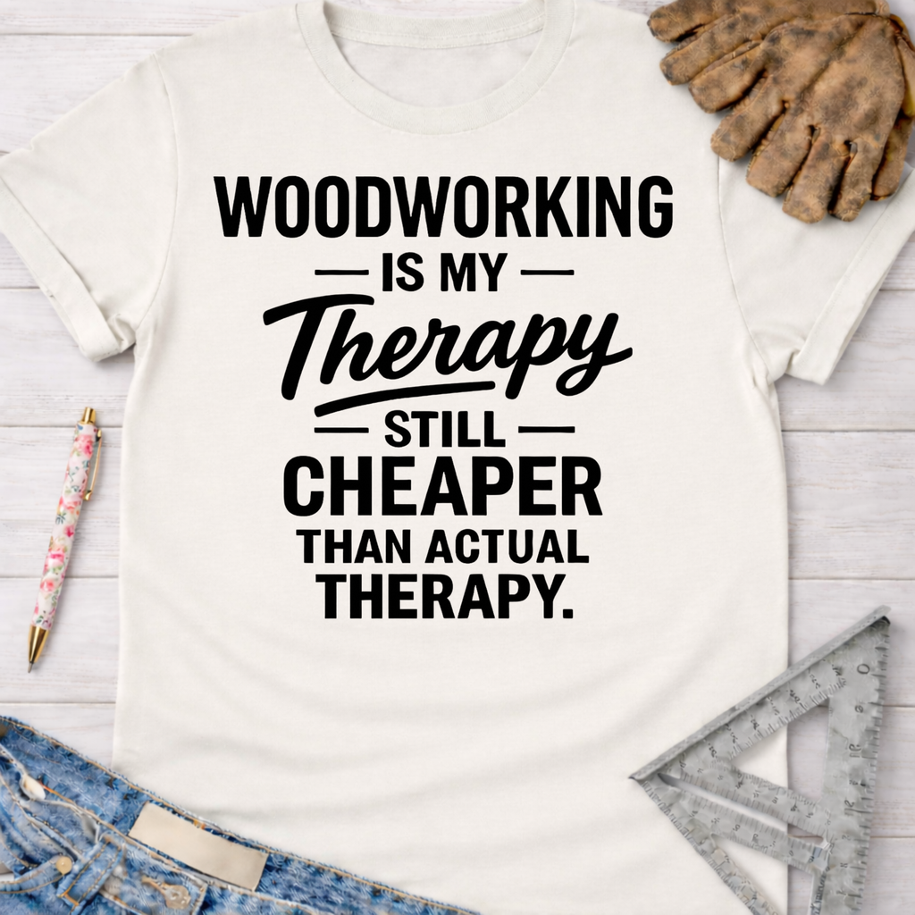 Women's funny woodworking graphic tee shirt for female woodworkers, makers, and DIY builders — Sawdust & Ponytails. White cotton tee with "Woodworking Is My Therapy Still Cheaper Than Actual Therapy" in black text.