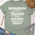 Sage green women's funny woodworking graphic tee shirt for female woodworkers, makers, and DIY builders — Sawdust & Ponytails