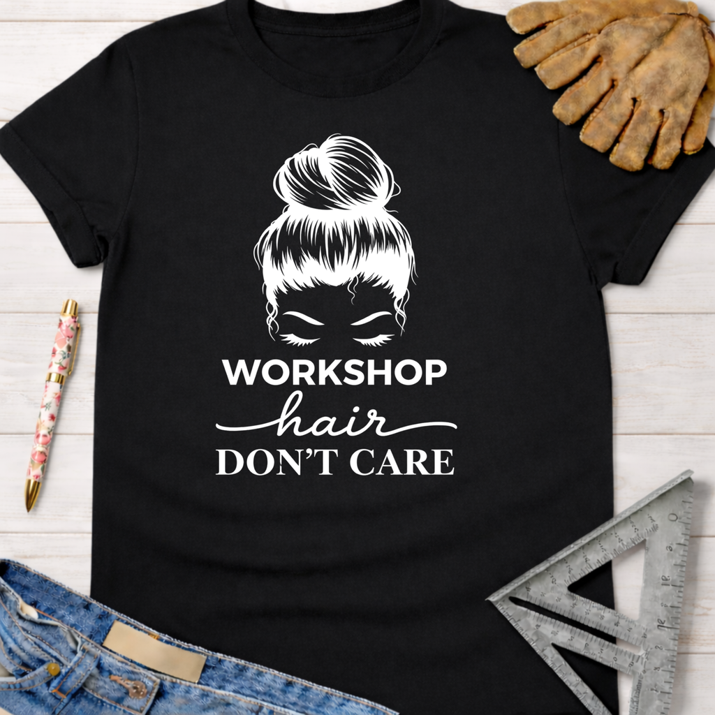 Women's funny woodworking graphic tee shirt for female woodworkers, makers, and DIY builders — Sawdust & Ponytails
