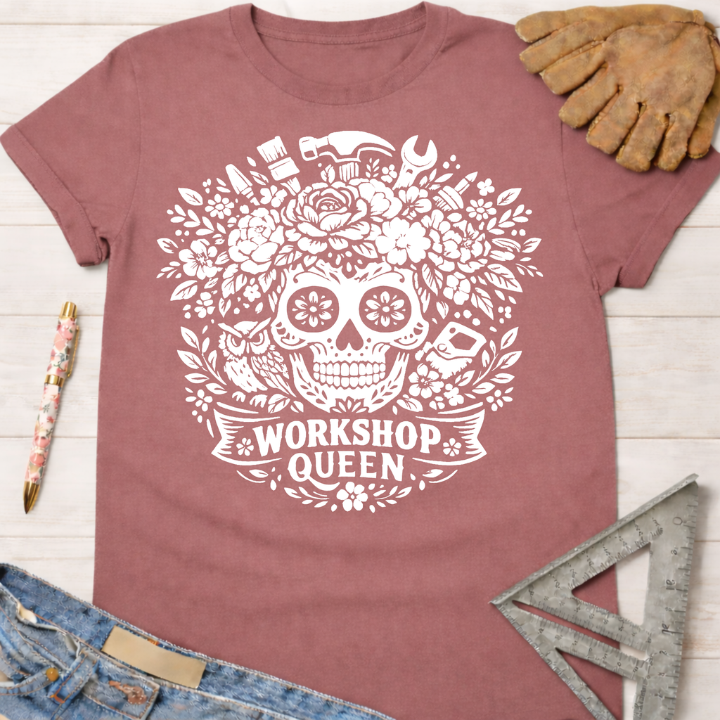 Mauve "Workshop Queen" floral skull graphic tee for female woodworkers, makers, and DIY builders — Sawdust & Ponytails
