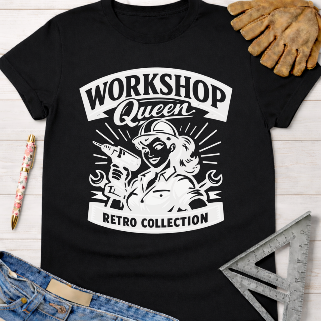 Black cotton "Workshop Queen Retro Collection" tee with a vintage female woodworker graphic. Women's funny woodworking graphic tee shirt for female woodworkers, makers, and DIY builders — Sawdust & Ponytails