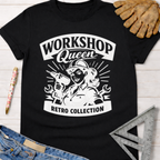 Black cotton "Workshop Queen Retro Collection" tee with a vintage female woodworker graphic. Women's funny woodworking graphic tee shirt for female woodworkers, makers, and DIY builders — Sawdust & Ponytails