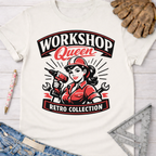 Women's funny woodworking graphic tee shirt for female woodworkers, makers, and DIY builders — Sawdust & Ponytails. White cotton tee with a retro "Workshop Queen" graphic featuring a woman in a red hard hat holding a drill.