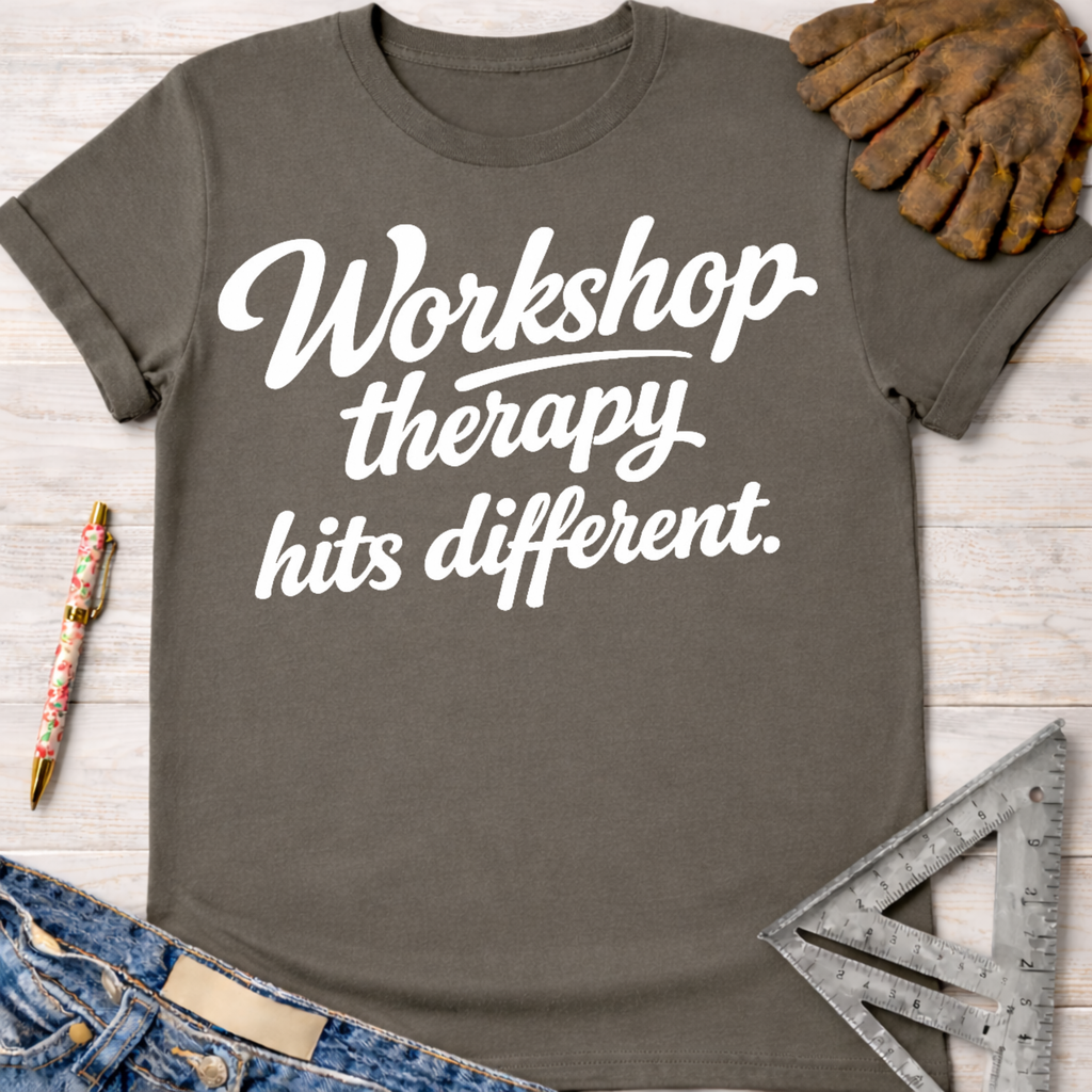 Women's funny woodworking graphic tee shirt for female woodworkers, makers, and DIY builders — Sawdust & Ponytails. Dark gray cotton tee with "Workshop therapy hits different" in white script.